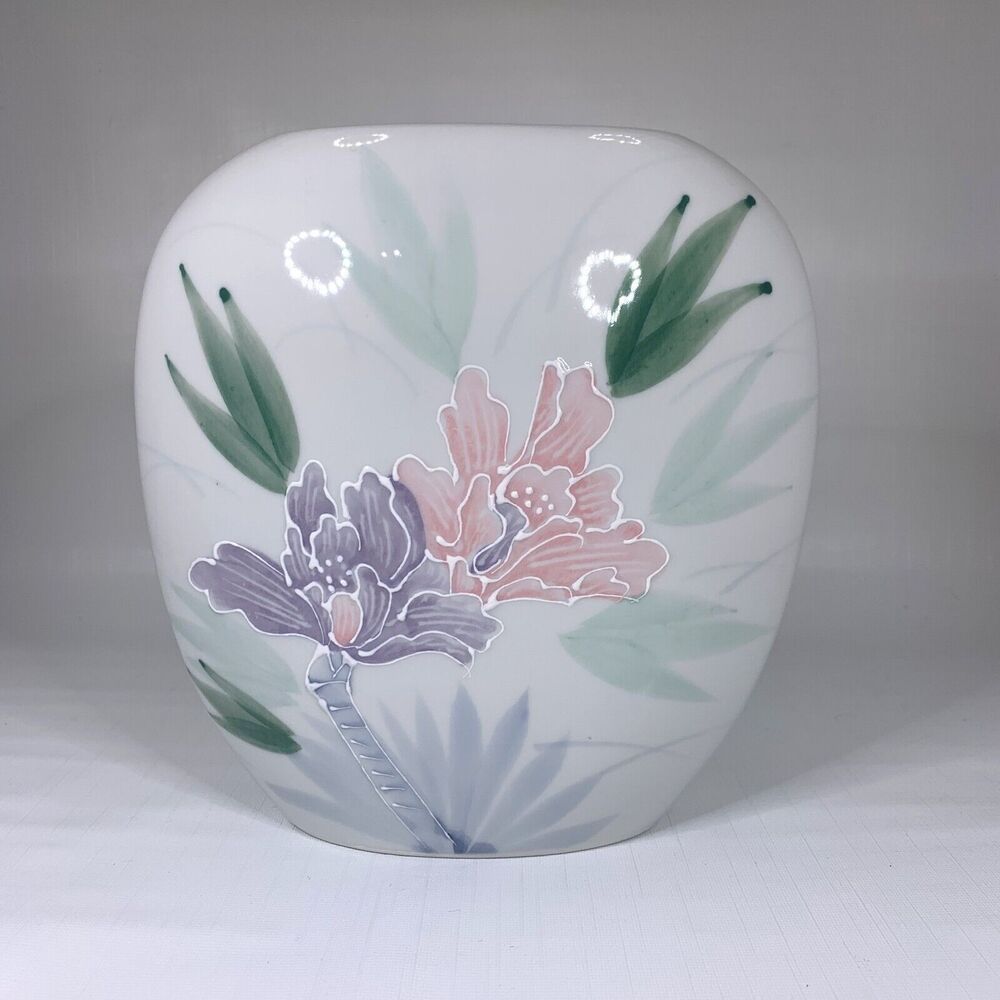 1990s Otagiri Porcelain Pillow Vase Lotus Garden Made Japan Pink Floral Vintage
